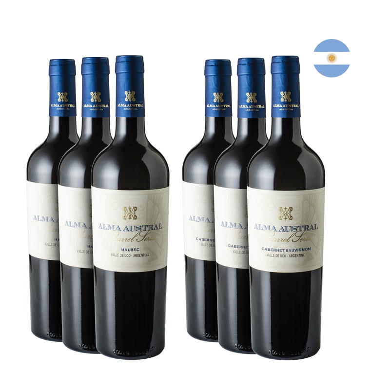 Kit Alma Austral com 3 Vinhos Malbec Barrel Series + 3 Vinhos Cabernet Sauvignon Barrel Series
